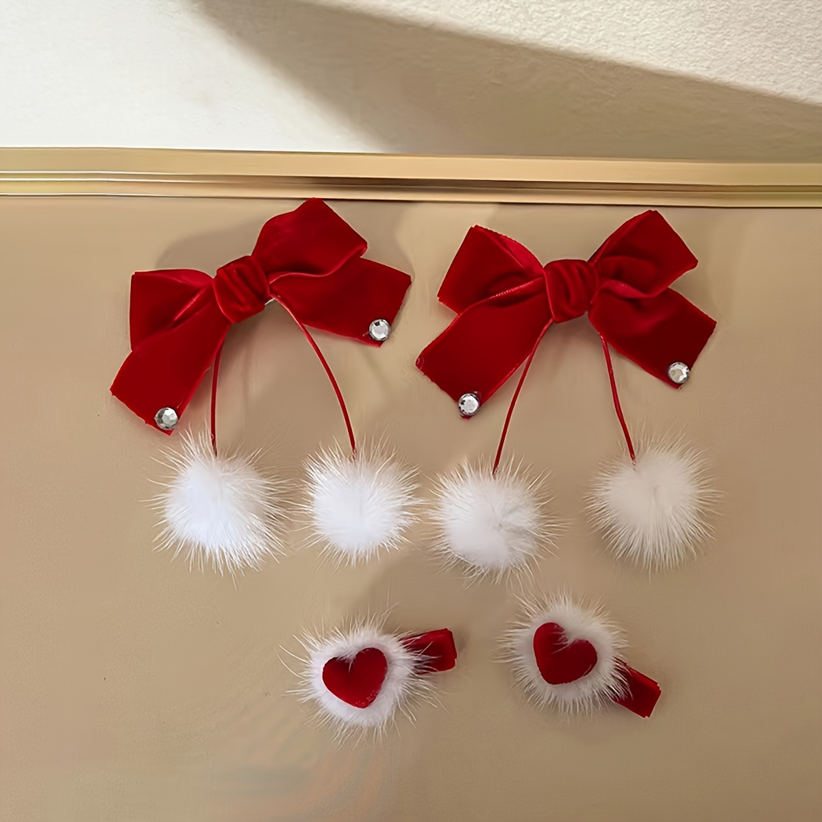 

2/4pcs Festive Velour Bow Christmas Hairpins Set, Cute Plush Tassel Hair Clips, Solid Color Double Ponytail Holders, Holiday Headpiece Accessories