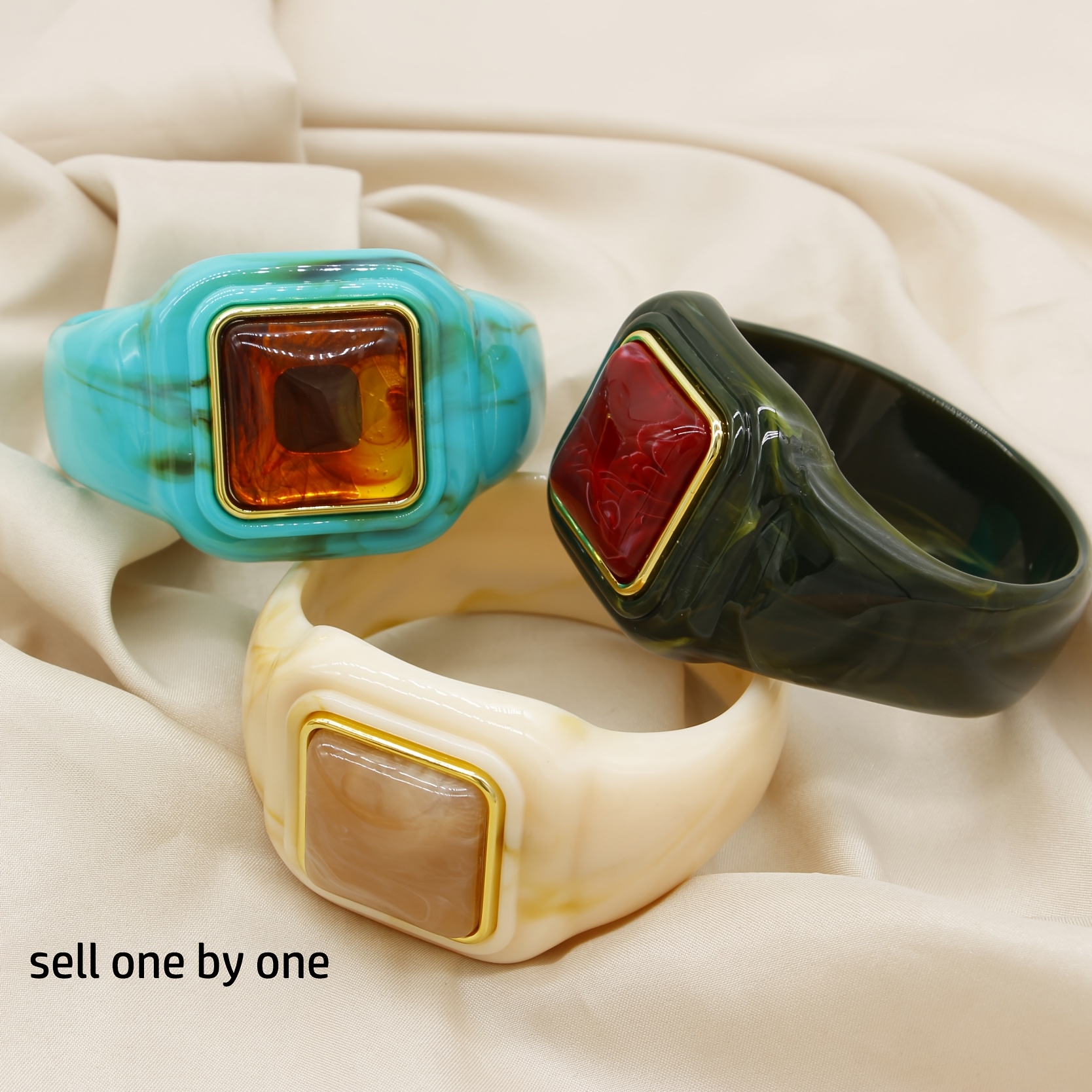 Women's Retro Square Resin Wide Bangle, Imitation Marble Design