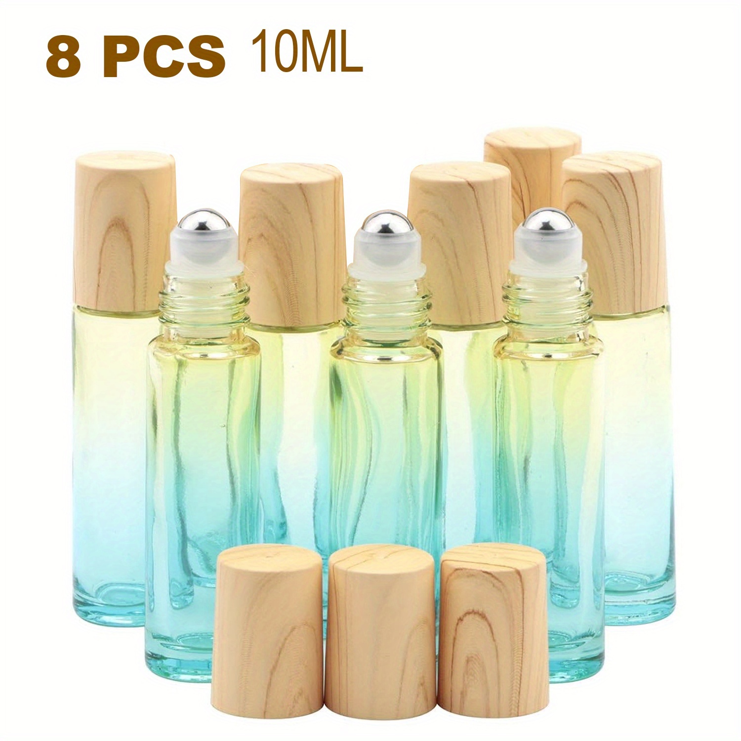 Set Of 8 Roller Bottles With A Yellow To Blue Gradient, Each Holding 0.33 Ounces, Perfect For Essential Oils, Perfumes, And Lip Balms, Ideal For Travel