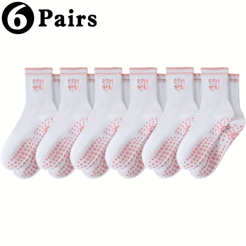 TEMU 6 Pairs Of Women's For Yoga Socks That Prevent Slipping, Featuring A Long Crew Length With Bowknot Heart Embroidery. Are Soft, Comfortable, And