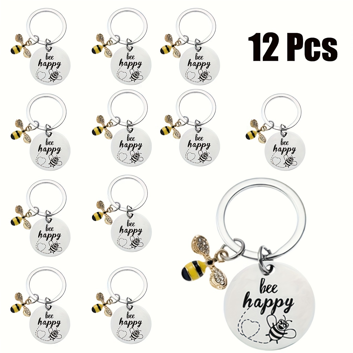 

12-piece Bee Happy Inspirational Keychain Set - Stainless Steel, Round Pendant With Classic Quotes For Women & Girls - Perfect Christmas Gift