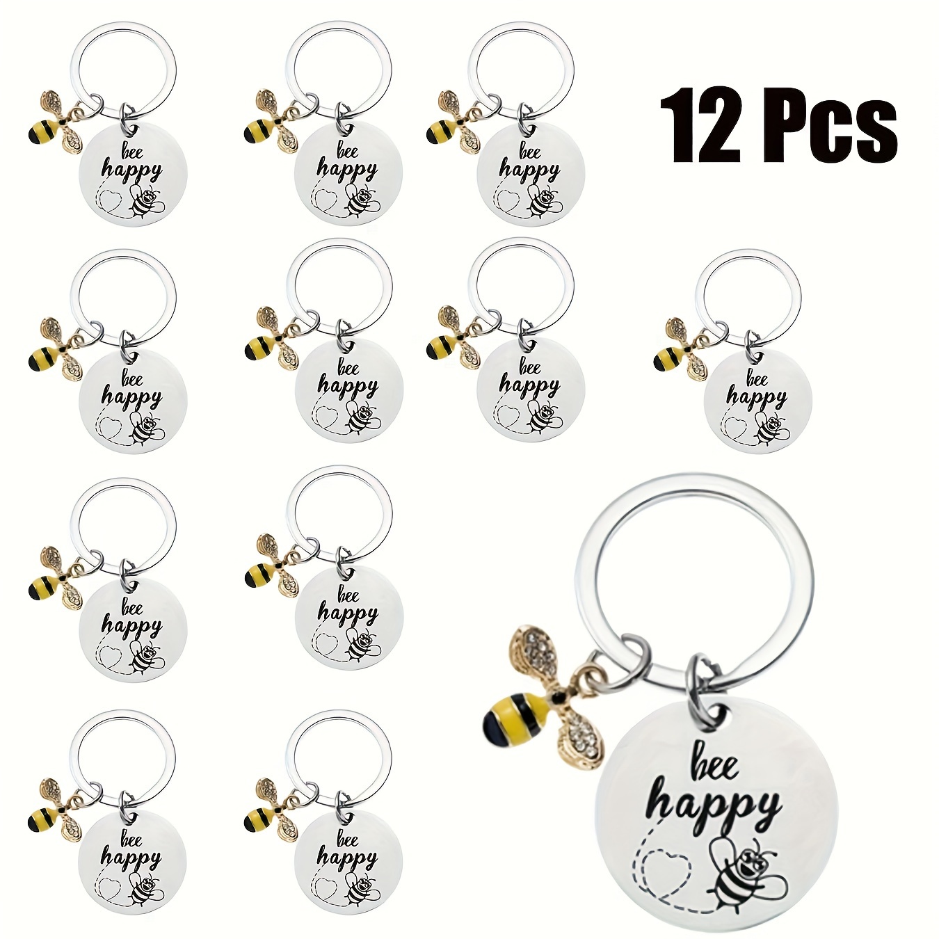 

Ensemble de 12 Porte-clés Inspirants "Bee Happy" - Acier Inoxydable, Pendentif Rond avec Citations Classiques pour Femmes & Filles - Cadeau de Noël Parfait