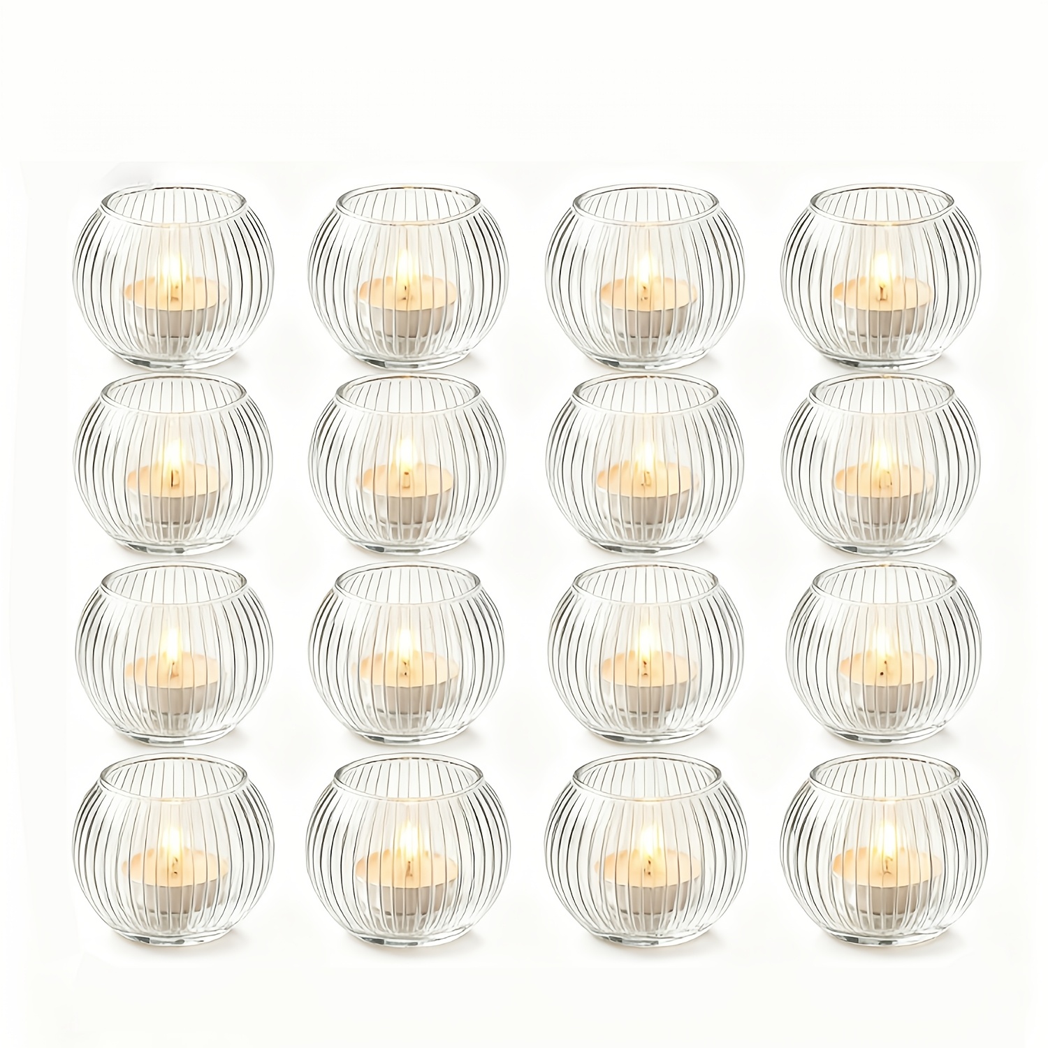 Image of 16pcs Multi-scene Atmosphere Candle Holders, Table Decorations For Christmas Holders, Layered Striped Spherical Glass Candle Holders, Everyday Baking Holiday Decorative Candle Holders
