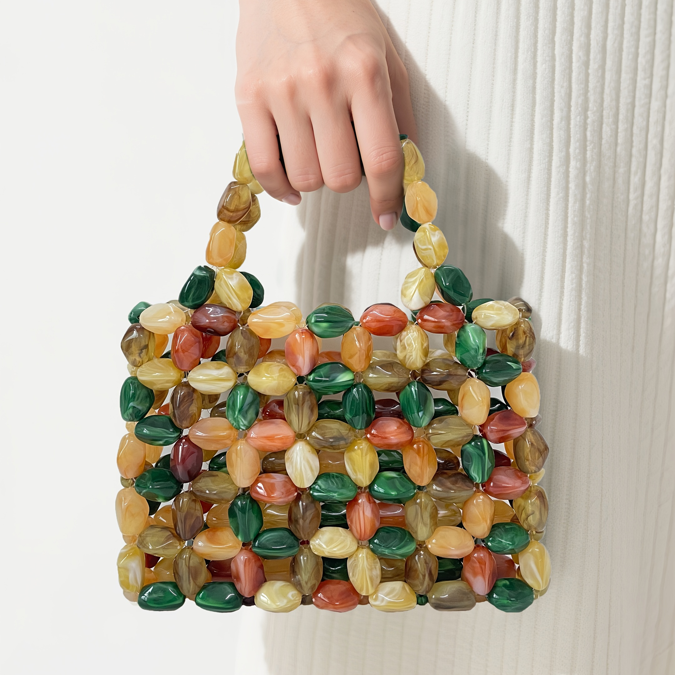 Women S Vintage Beaded Handbag - Elegant Open Top Purse with Beads  , Brown, Golden, Black, White, - Lightweight Acrylic Clutch for Wedding, Party, Everyday - No Closure Needed, Easy-Clean Maintenance, Party Accessory, Retro Aesthetic, Durable Construction, Fashion Accessory, Bridal Accessory, Beaded Bag, Beaded Purse