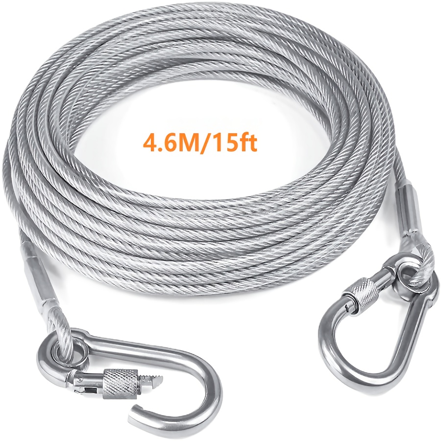 TEMU 4.6m/15ft Steel Cable Dog Leash, Reflective Dog Tie Out Cable For Dogs Up To 120 , Steel Wire Dog Leash Cable With Swivel Buckle Steel Wire