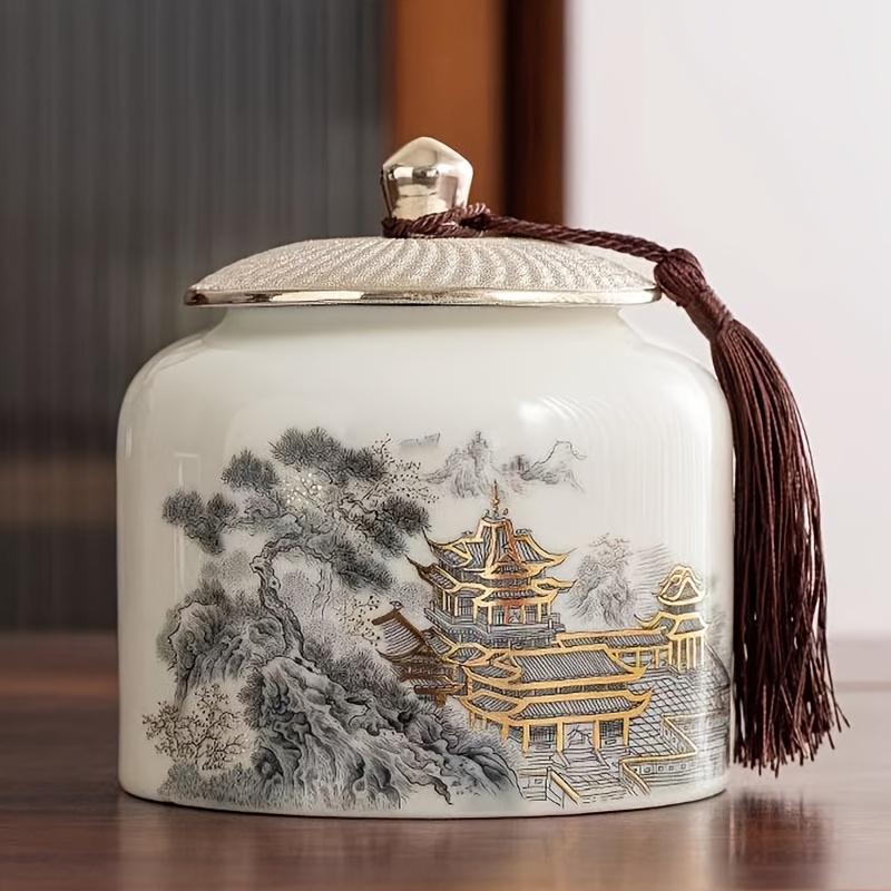 TEMU Ceramic Jar Featuring The Pine, A Decorative Item For Home Use, Suitable For Tables, Cabinets, Shelves, Serves As A Memorial Urn