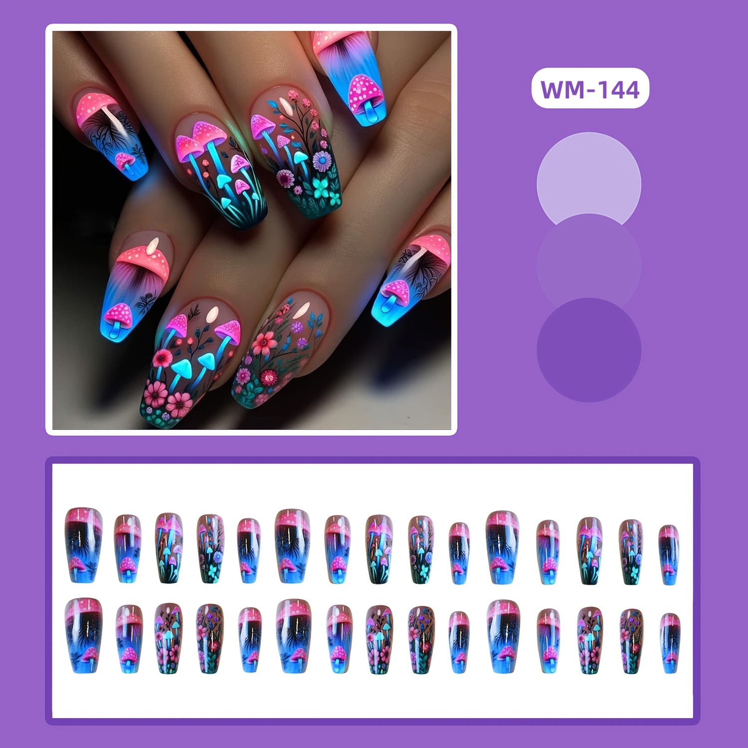 TEMU 30pcs Mushroom Press-on Nails Set, , Middle Length, Glossy , Pink & Blue Tones, Floral & Leaf Patterns With Jelly Glue & Nail File