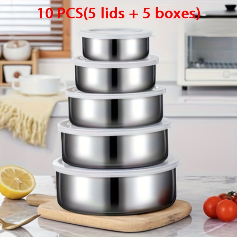 E-shop 10er Set (5 Deckel + 5 Boxen) Edelstahl Lebensmittel Aufbewahrungsbehälter Set mit Auslaufsicheren Deckeln - Robuste Stapelbare Runde Schüsseln,