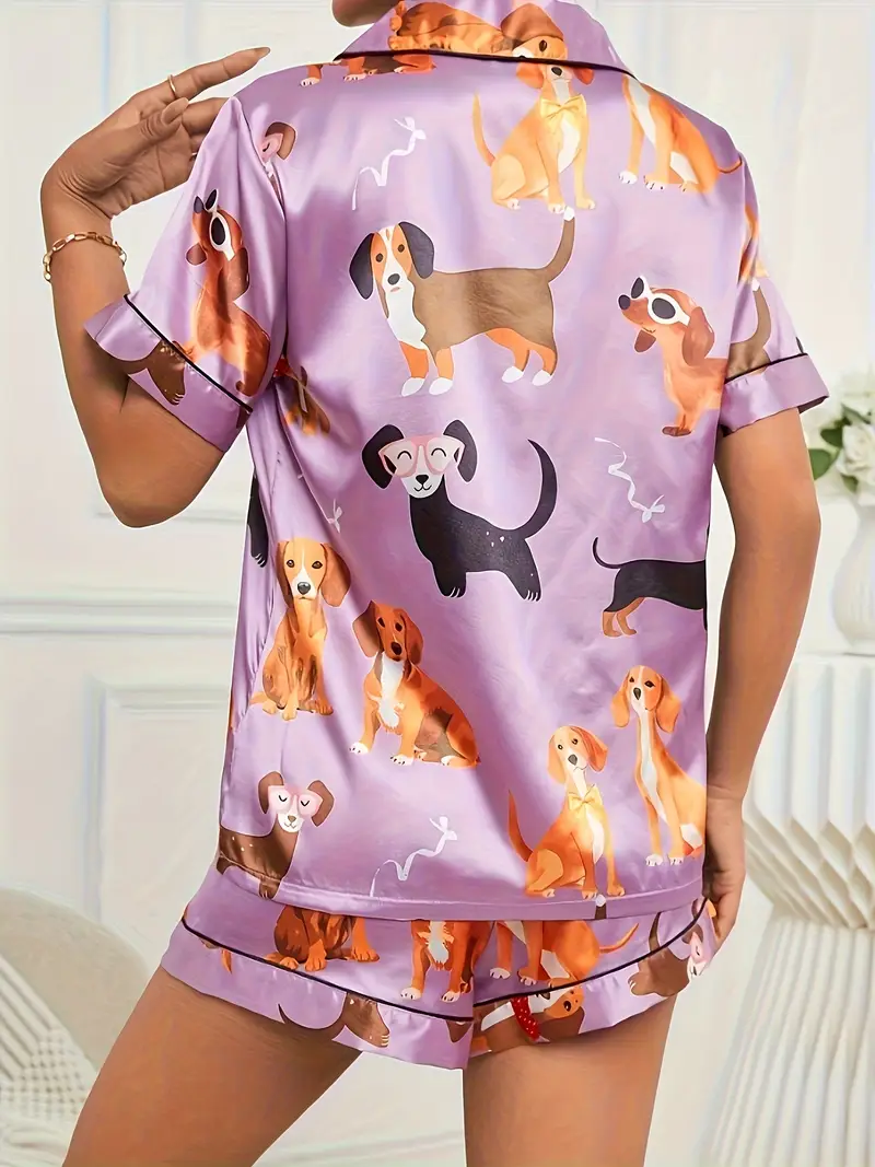 2 satin purple cute puppy sleepwear set womens short sleeved stand up collar top and shorts sleepwear 2 set Product details 4