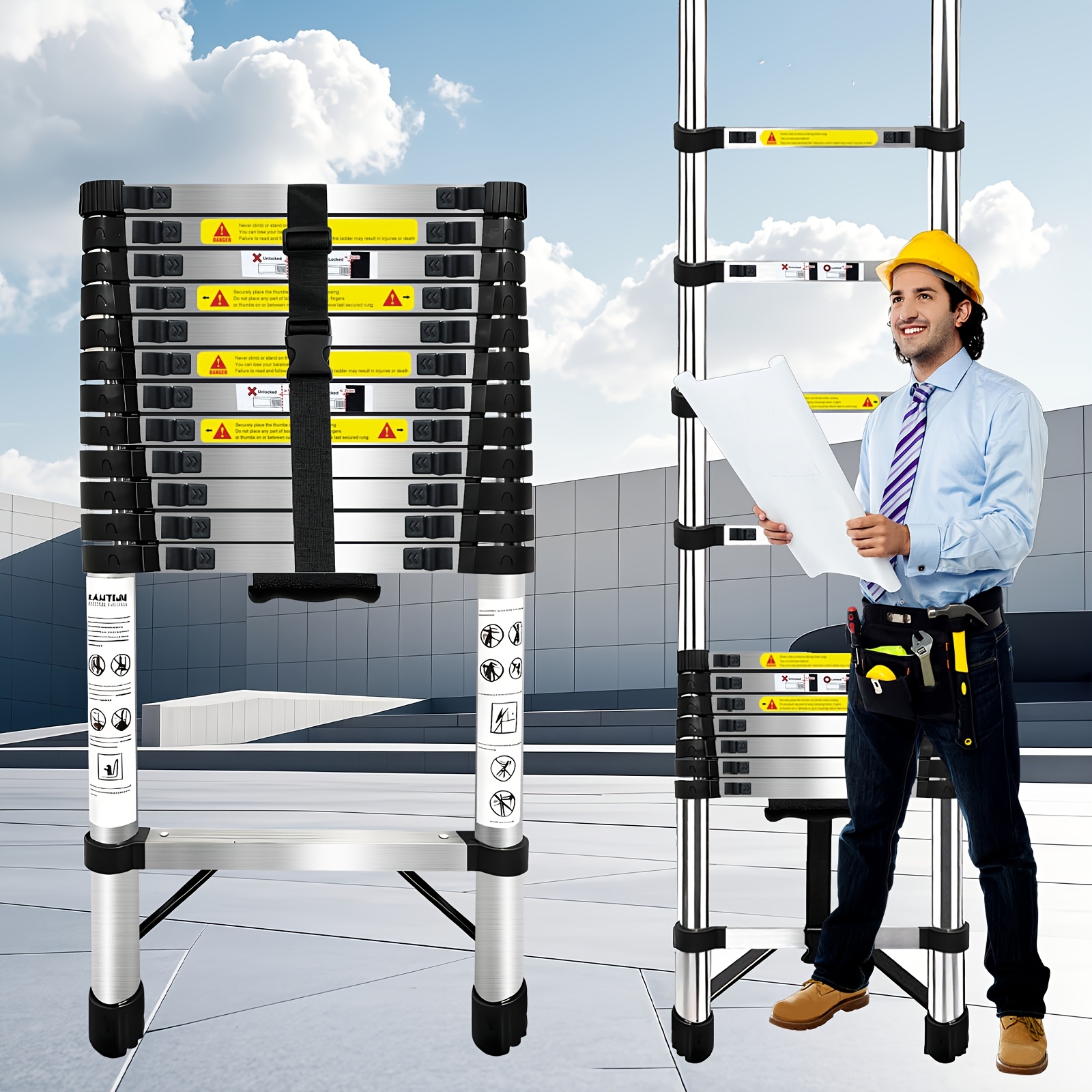 juego de escaleras telescópicas de varios tamaños, combo de escaleras de extensión de aluminio de 2m/2.6m/3.2m/3.8m/4.4m, escaleras plegables   resistencia con capacidad de 330lbs para el hogar, rv y uso en exteriores