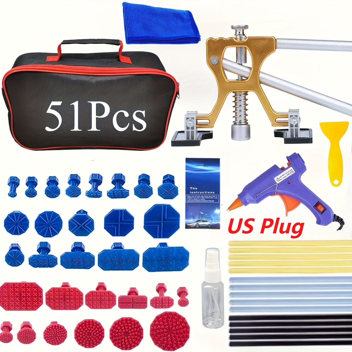 TEMU Set Of Tools For Removing Dents From Vehicles, Featuring An Adjustable Golden Lifter And A Glue Gun, Suitable For Cars, Motorcycles, Refrigerators, And Hail Damage.