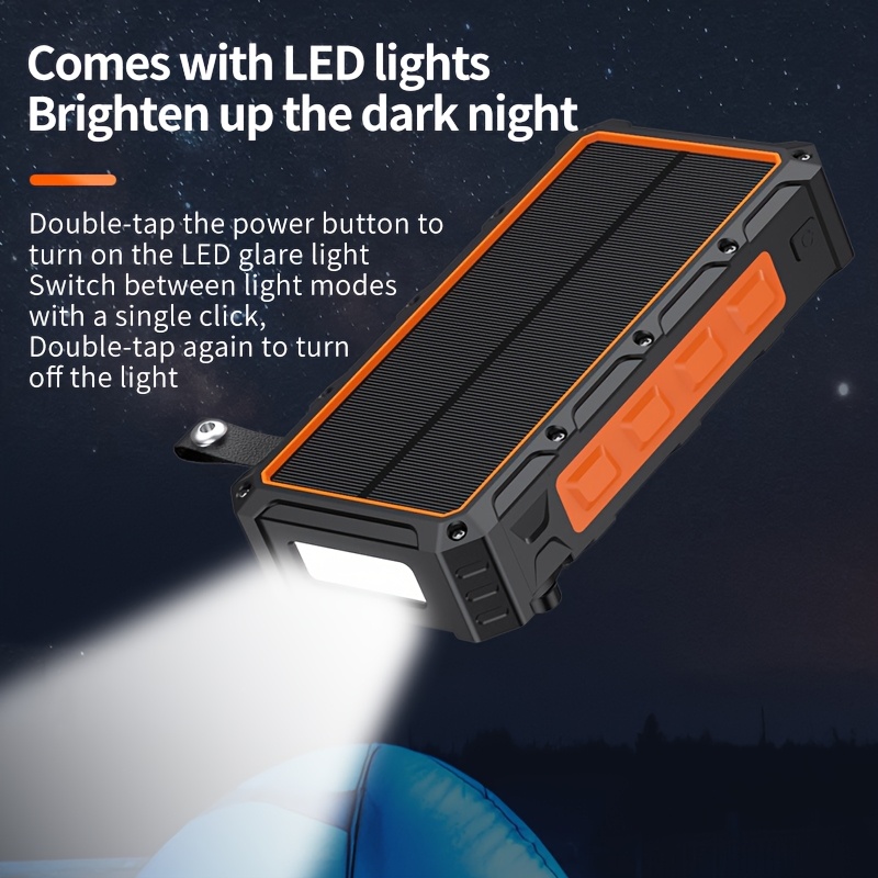 power bank wireless charger 30000mah   with a wire hand crank   cables 15w fast charging power   outputs 4   solar portable charger sos strobe strong flashlights orange Product details 5