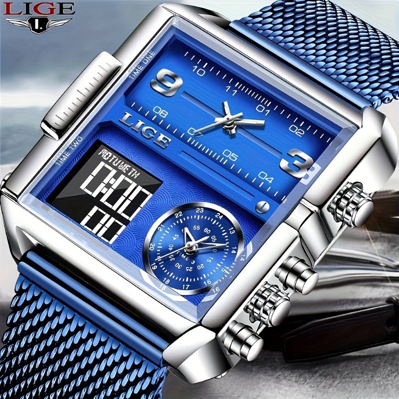 

Montre Quartz Lige pour Hommes à Double Affichage - Étanche, Multifonctionnelle avec Réveil & Bracelet en Maille d'Acier Inoxydable