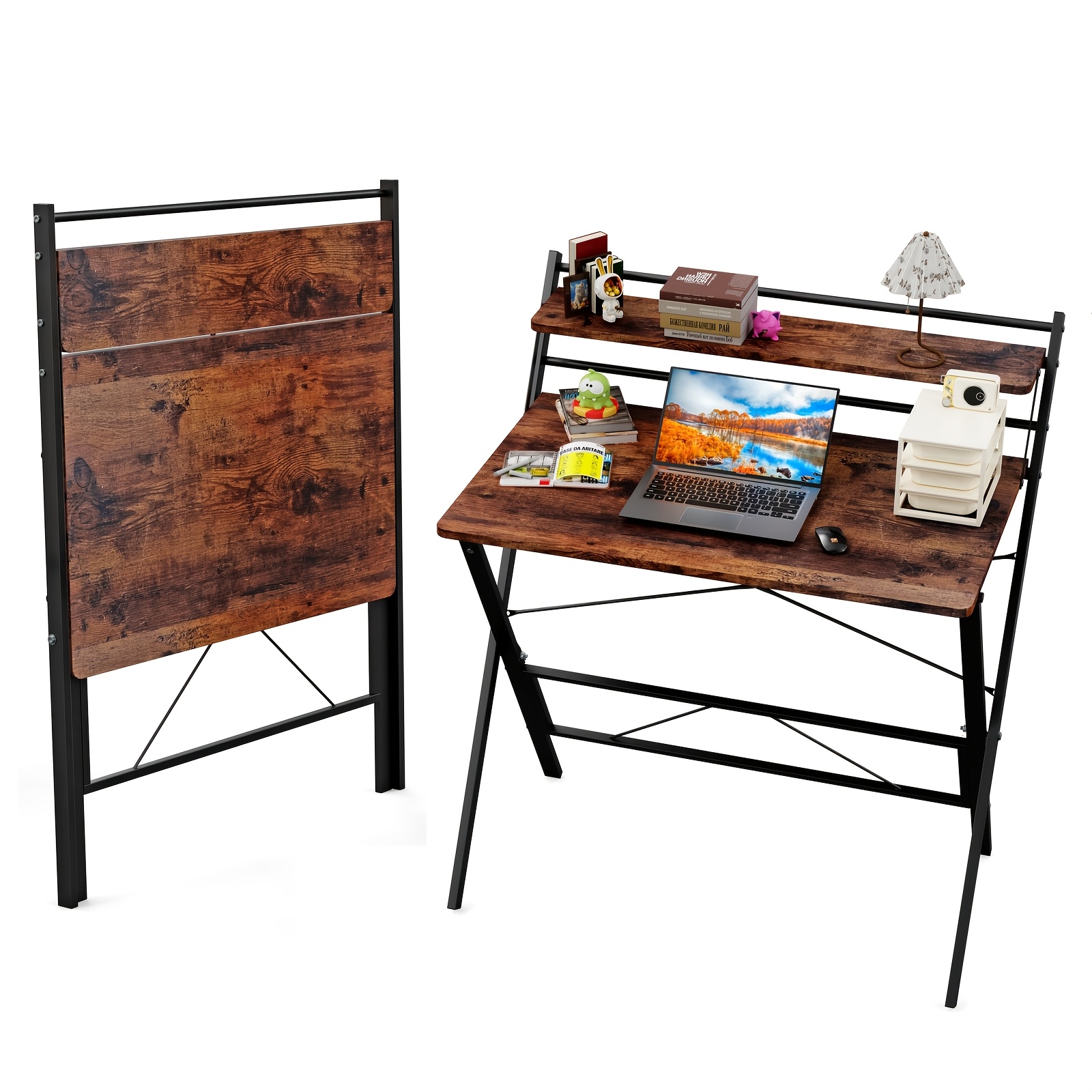 Folding Desk With Shelf And Monitor Stand, Foldable Table For Home Office, Pc Desk, Dark Brown