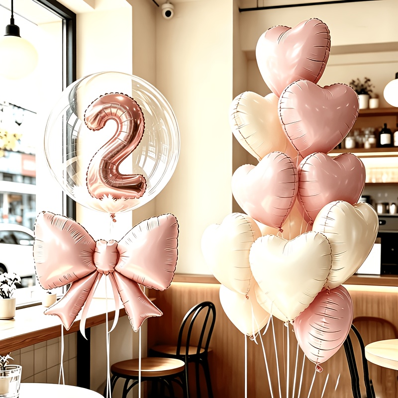 TEMU Ensemble de 11 ballons en feuille rose pour décoration de fête d'anniversaire, comprenant 1 ballon chiffre, 6 ballons cœur, 1 ballon nœud, 1