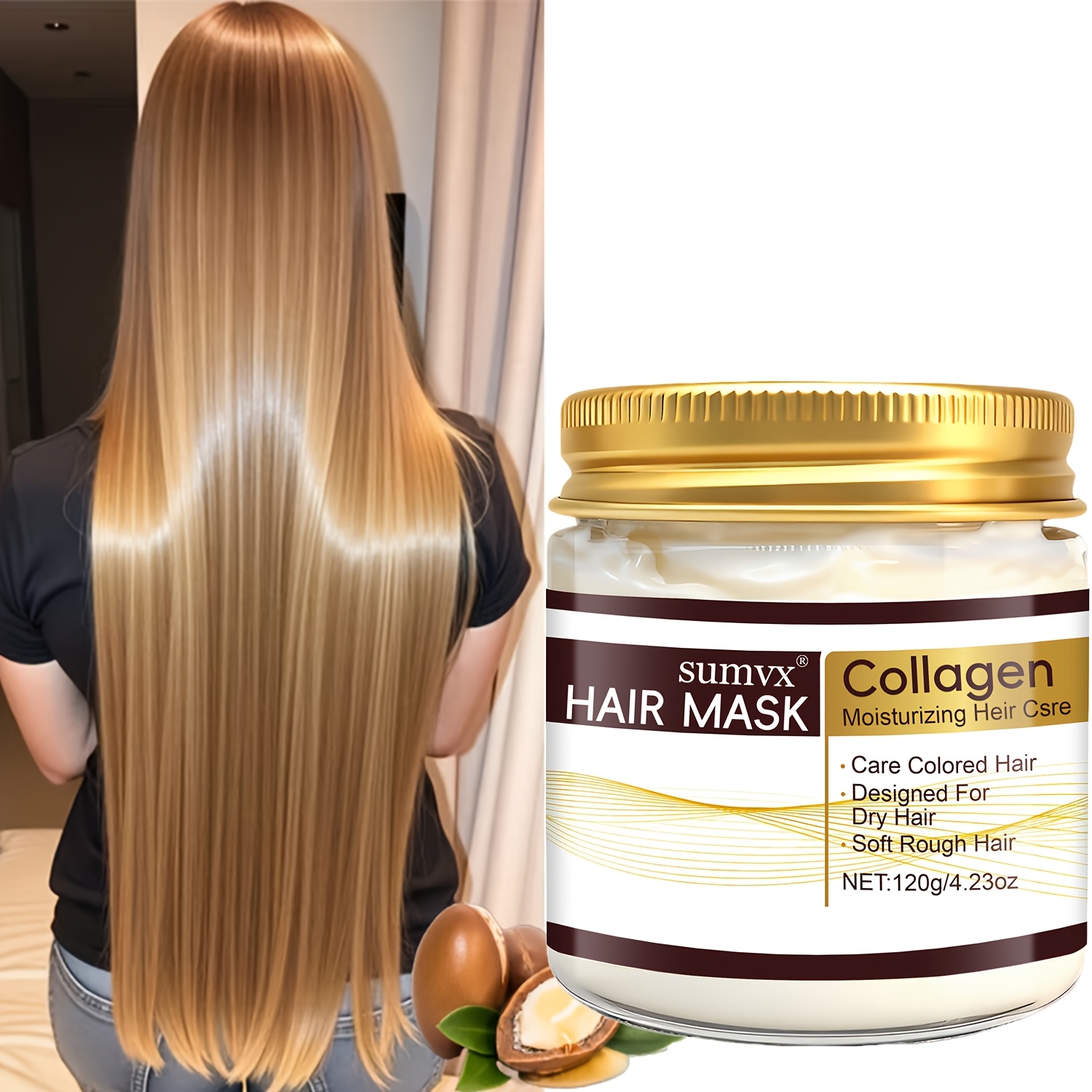 Image of Moroccan Hair Mask With Collagen. It Contains 120 Times Than Regular Products. It Quickly Addresses Dry, Frizzy, Damaged, And Hair, While Softening Hair That Or Dyed. Argan Oil, Collagen
