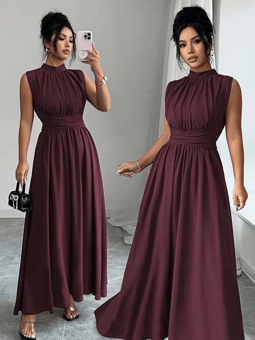 womens elegant evening gown french stand collar cross lace waist sleeveless a line long party bridesmaid dress