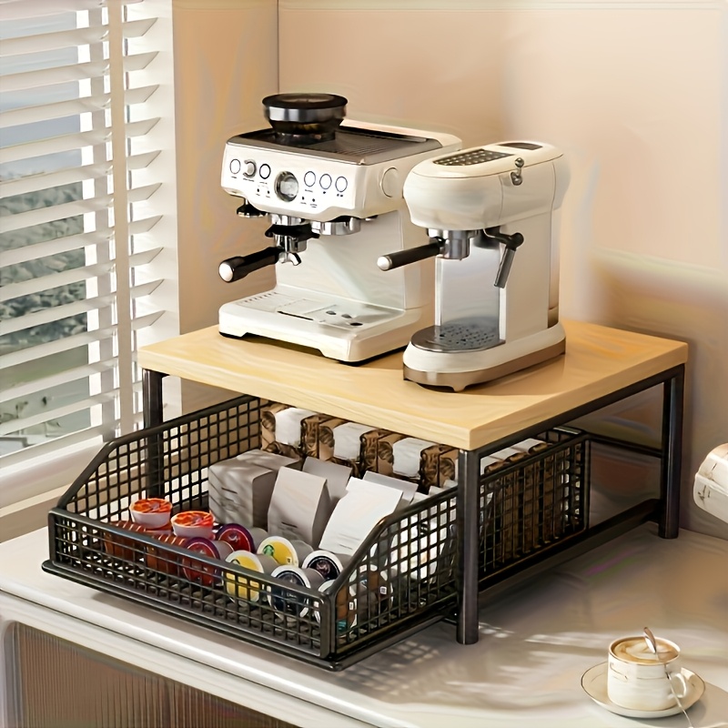 TEMU 2-tier Coffee Machine Stand | Sturdy Wood And Metal Organizer For Kitchen Appliances, Dishes, Utensils, Space-saving Countertop Storage With
