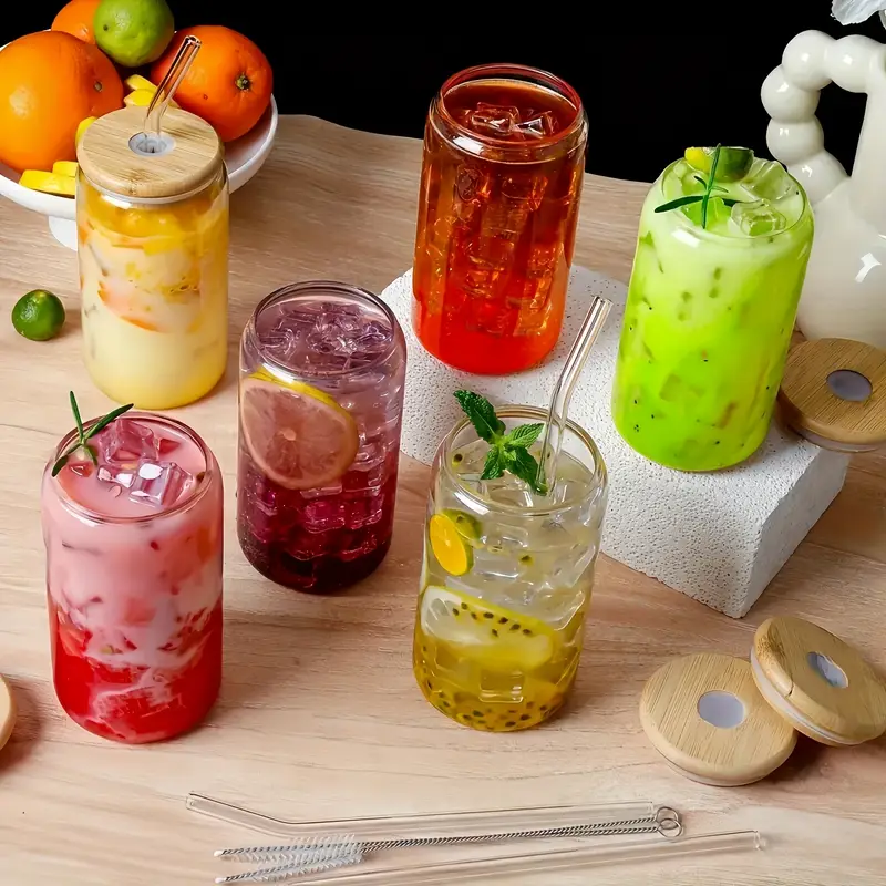12pcs glass straw cup with bamboo lid mason jar water cup iced coffee cup glass cup with bamboo lid cute cup reusable suitable for furniture kitchen hotel home party supplies 18 7 ounces 550 milliliters Product details 6