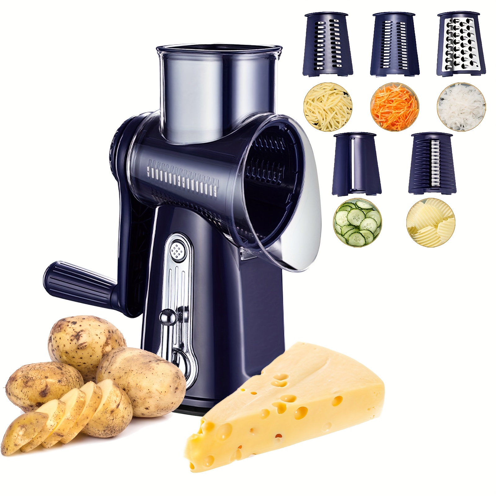 5 in 1 rotary cheese grater vegetable slicer with interchangeable blades manual kitchen tool for cheese   strong suction base 304 stainless     multi functional   sleek cheese grater ergonomic handl