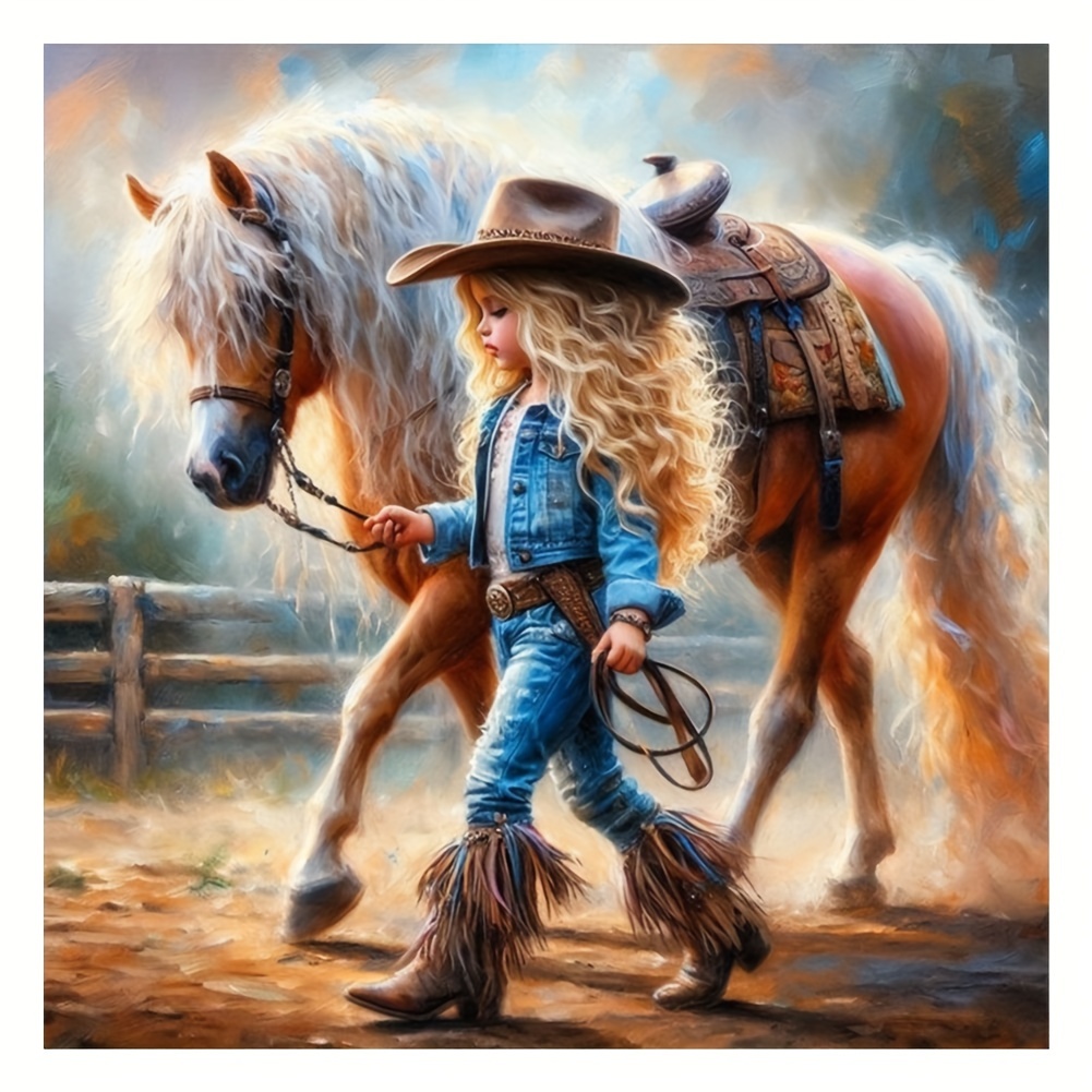 

Round Diamond 5d Diy Painting Kit For Adults, Full Drill Acrylic Diamond Art Home Wall Decor, 20x20cm Complete Diamond Embroidery Set For Beginners With Cowgirl And Horse Design