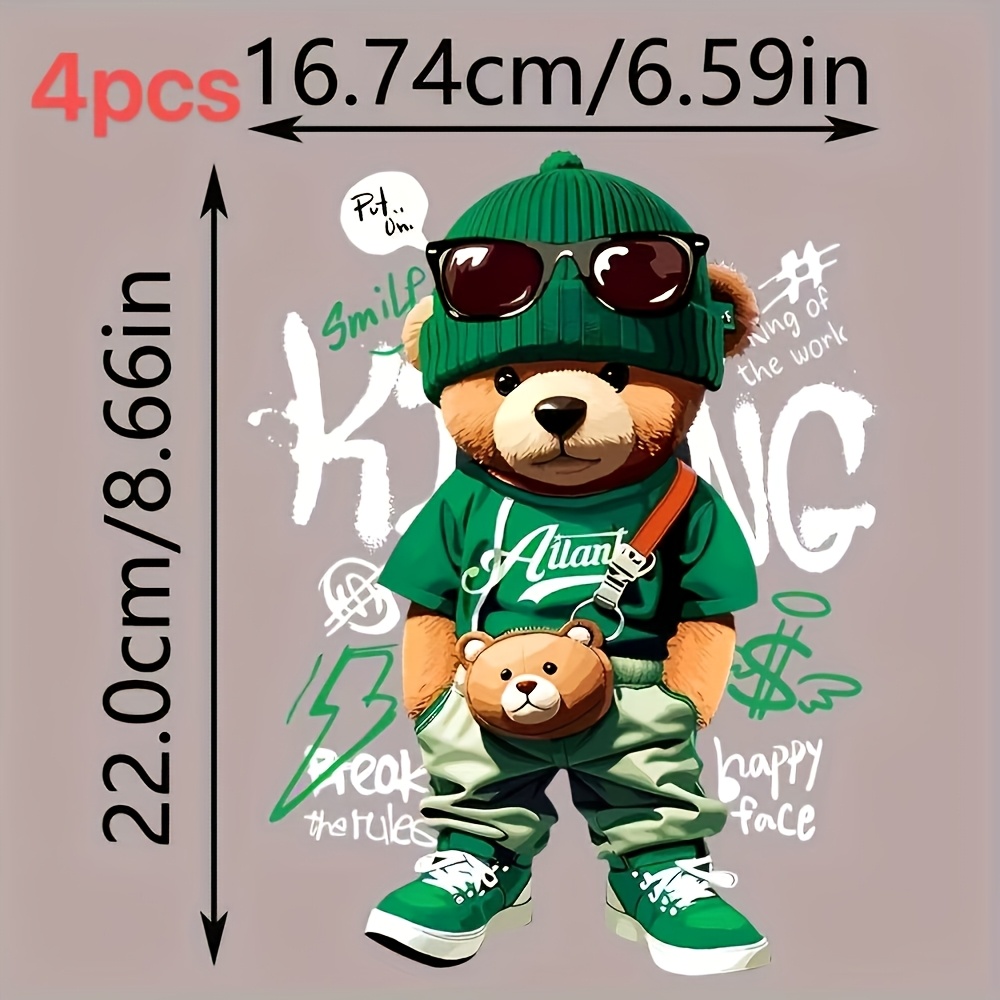 E-shop 4 Stück Niedliche Teddybär Bügelaufnäher - Waschbarer Transferaufkleber für T-Shirts, Jacken, Jeans & Hoodies, Teddybär-Kleidung