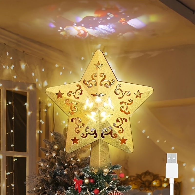 

Sparkling Golden Glitter Christmas Tree Topper With Led Projector - Usb Powered, 8" Star Accent For Indoor Holiday Decor