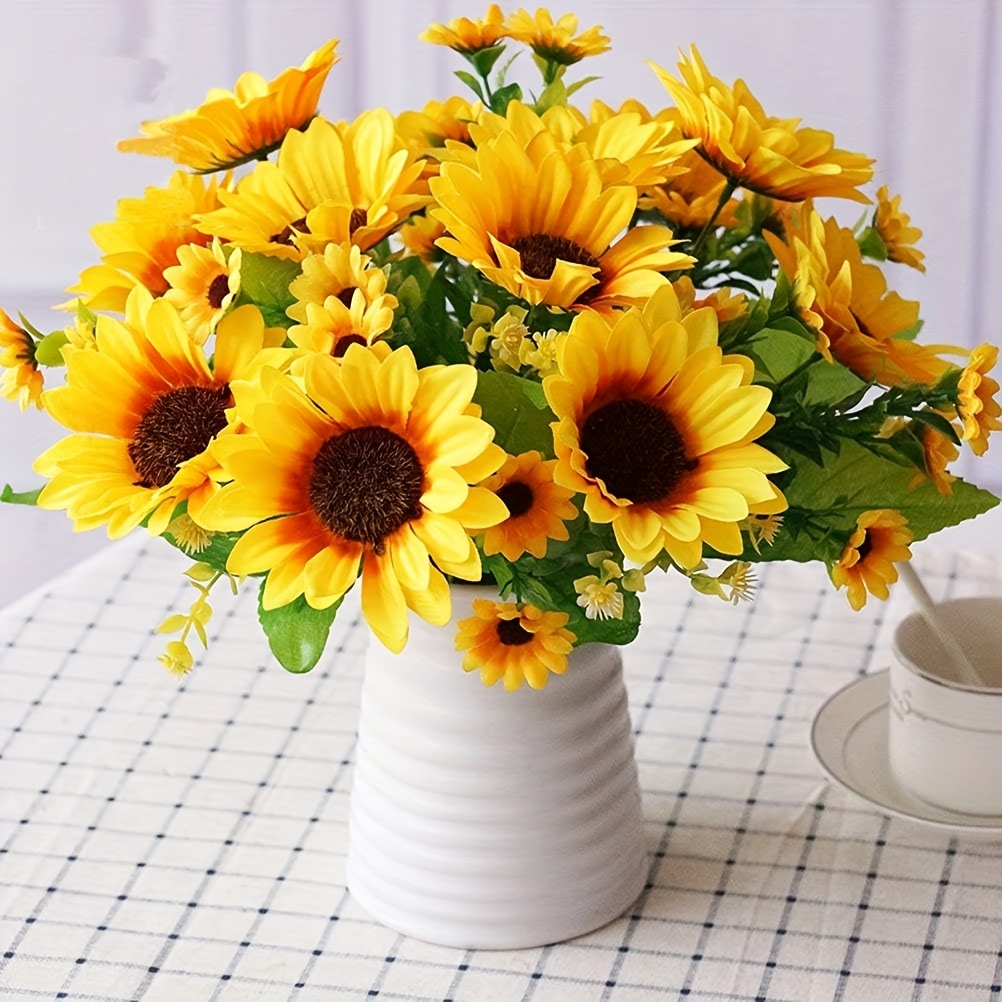 TEMU 5 Bunches Artificial Sunflower Bouquets, Fake Sunflowers With Stems, Wildflowers Realistic Yellow For Wedding Decorations Fall Floral Arrangements Home Garden Table Decor Diy Art Decor