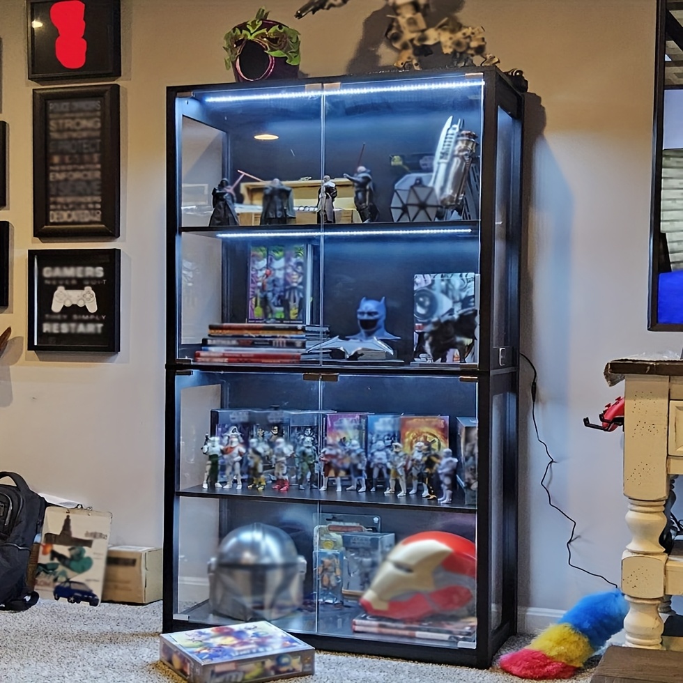 TEMU Glass Display Cases With Human , Large Display Cases With Glass Doors, 4-tier Display Cases With 3-color Lights For Collectibles, Bookcases With 4 Shelves, And Storage Cabinets