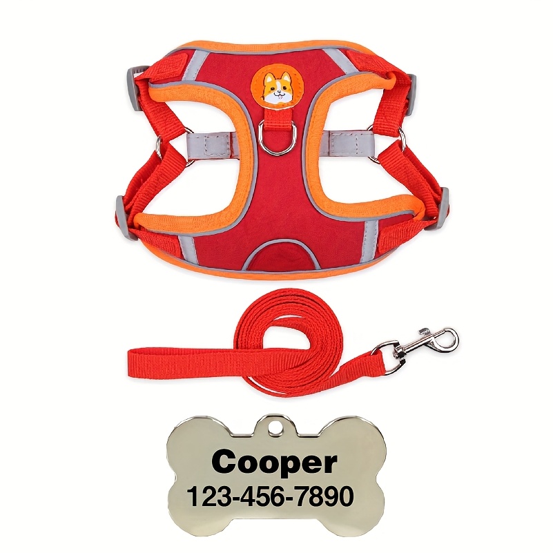 TEMU Custom Dog Tag, 2pcs Set, Pet Chest Harness   Leash, Vest-style Reflective Design, Suitable For Small And Medium-sized Dogs And Cats, Engraved