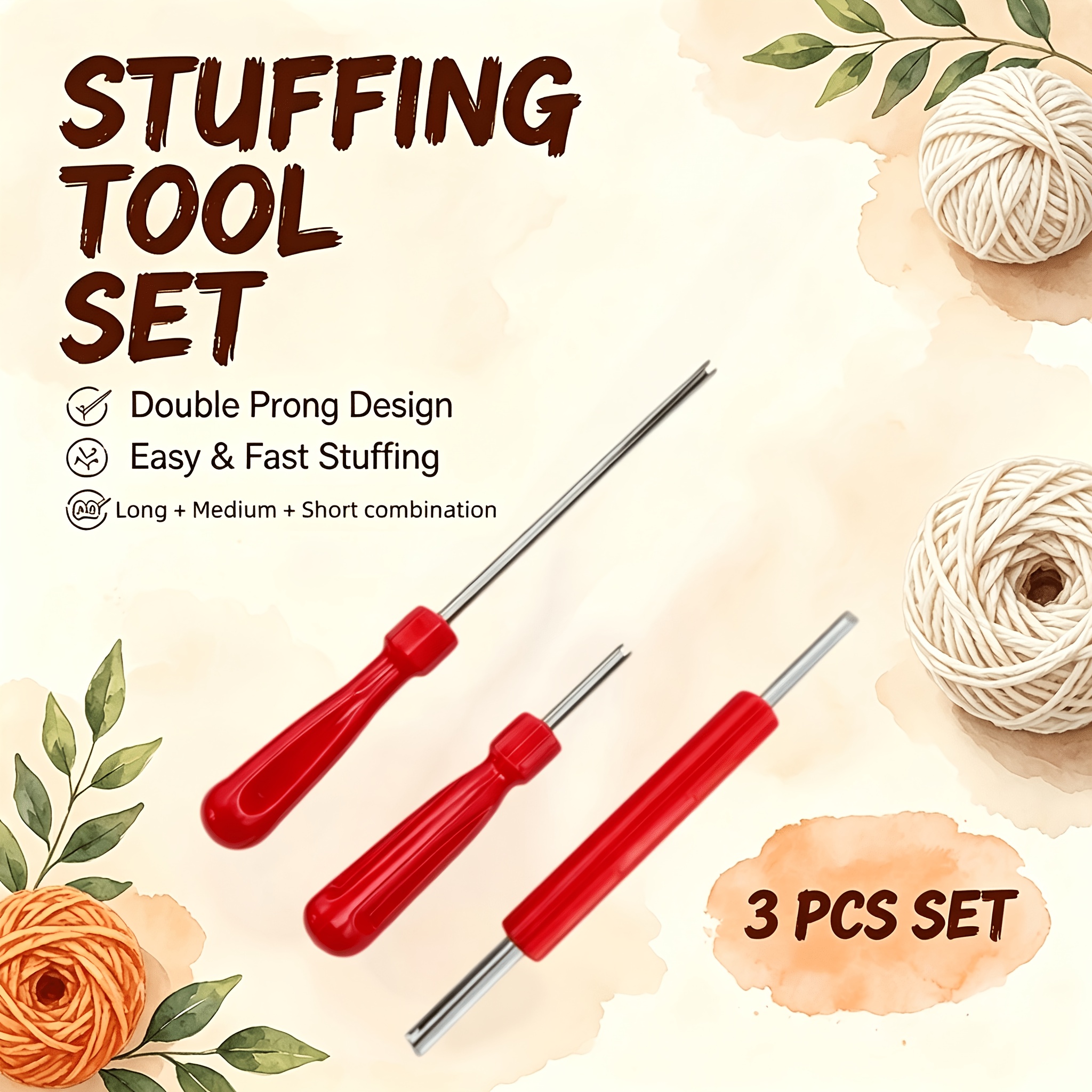 TEMU 3-delige haakgereedschapset voor vullen, metalen staaf met rode handgreep, voor amigurumi gebreide pop, handgemaakt weven, doe-het-zelf