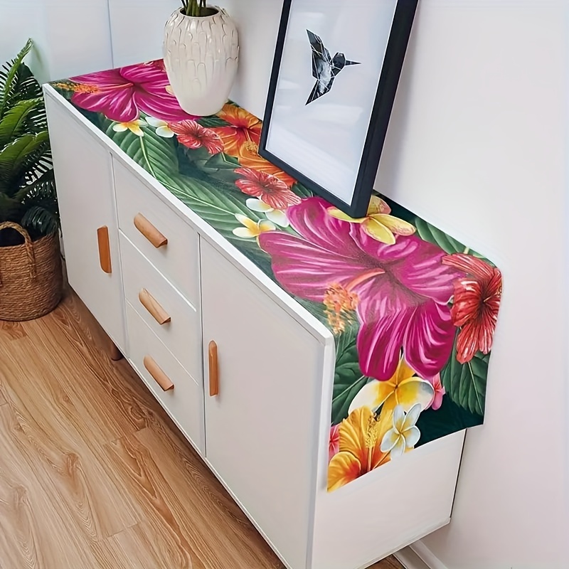 

Tropical Floral Table Runner - Vibrant Hibiscus, Plumeria & Leaf Design - Durable Polyester, Woven Rectangle Cover - Machine Washable - Ideal For Home Dining & Party Decor, Country Style Decoration