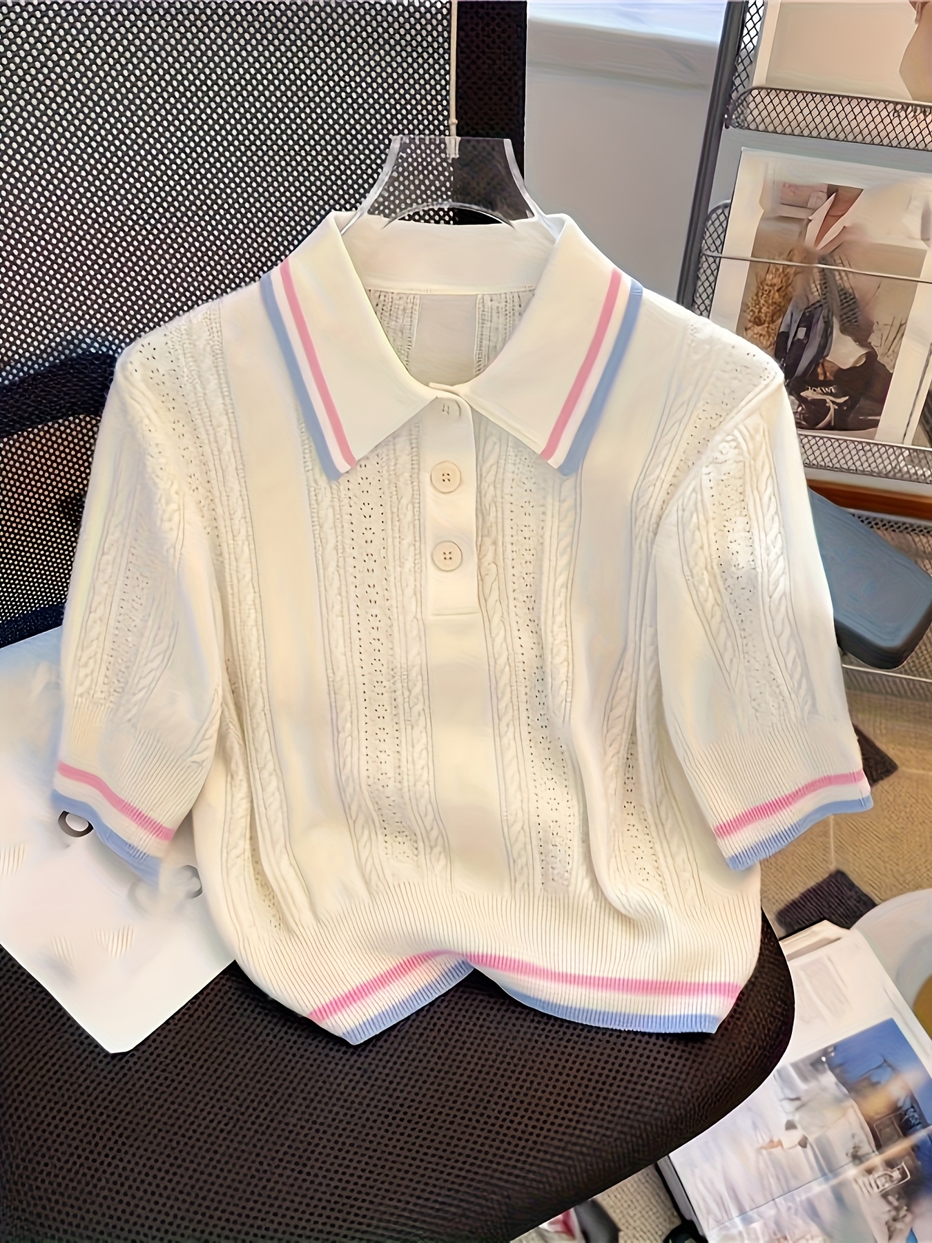 Women'S Elegant Striped Polo Top - Casual Summer Blouse with Ribbed Collar & Sleeve Details, Versatile Office or Casual Attire, Office Blouse | Ribbed Sleeve Top | Construction, Ladies Sweater