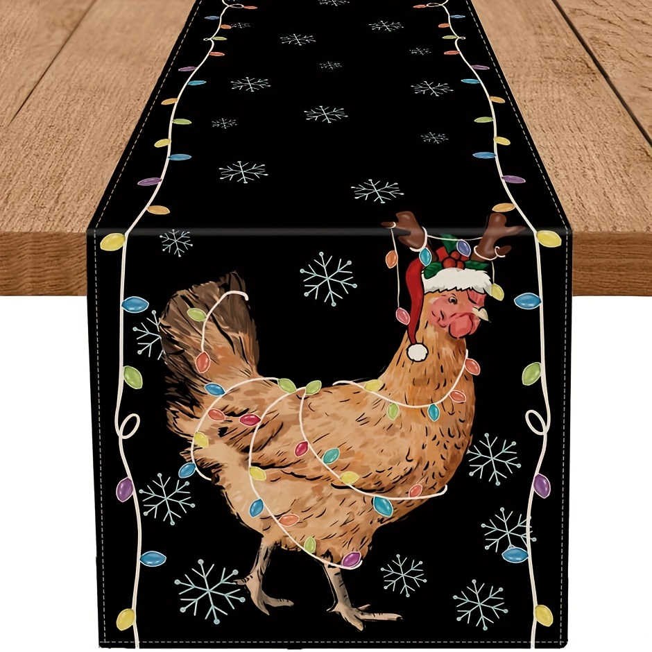 

Linen Table Runner With Chicken & Design - Christmas, Holiday Parties & Dining Decor, In 3 Sizes (13x48", 13x72", 13x108"), Christmas Decor