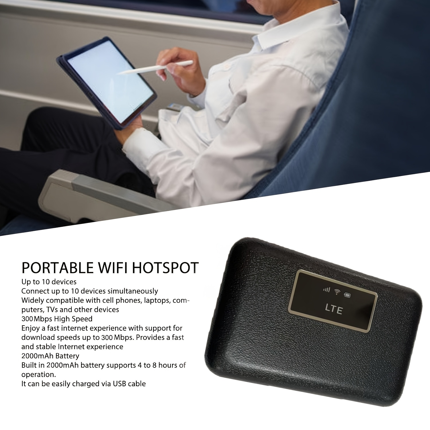 Lightweight LTE WiFi 6 Mobile Hotspot Router with Wi-Fi Pro, Built-in 2000mAh Battery, Compatible for B1/B3/B5/B7/B8/B20/B38/B39/B40/B41, Portable for Home/Office/Travel, Smart Modem