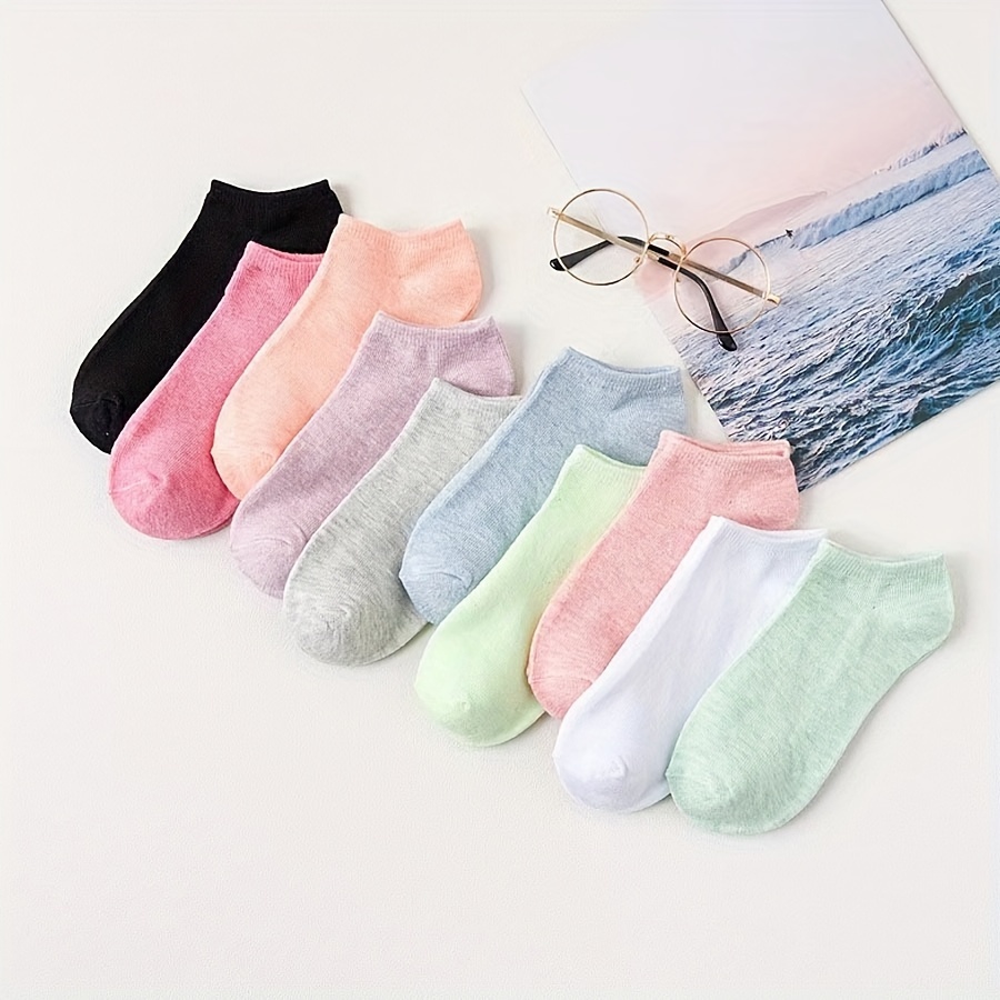 10-pair Thin Breathable Sweat-absorbent Solid Color Simple Women's Socks, Low-cut Women's Athletic Socks