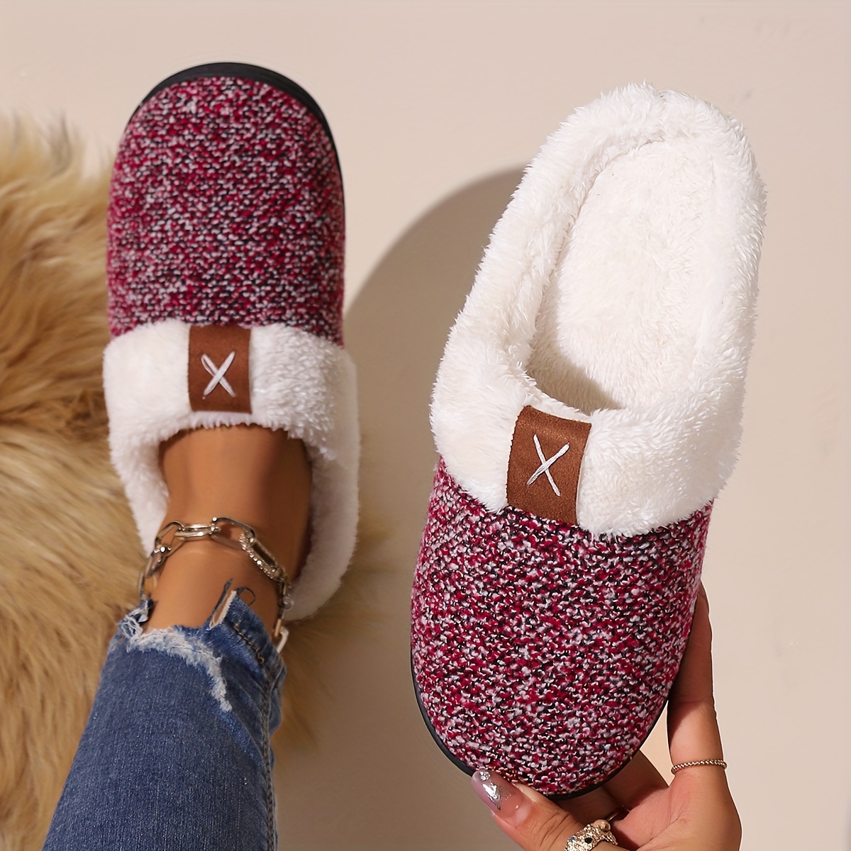 

Elegant Retro Fur Slippers For Autumn And Winter Home Indoor Cotton Slippers, Warm And Thick Soled Soft Plush Women's Slippers