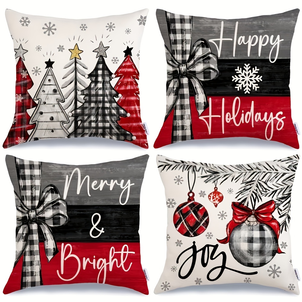 

Christmas Throw Pillow Covers Set Of 4, Country-rustic Style 18 X 18 Inch Decorative Cushion Cases, Machine Washable, Holiday Tree Merry Bright Joy Design With Zipper Closure For Home Decor