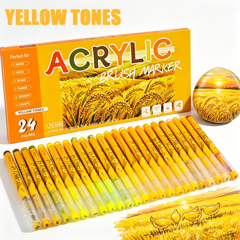 TEMU Set de marqueurs à pointe souple série jaune 24 couleurs, pointe pinceau flexible 1-5 mm à épaisseur réglable, stylo de peinture à