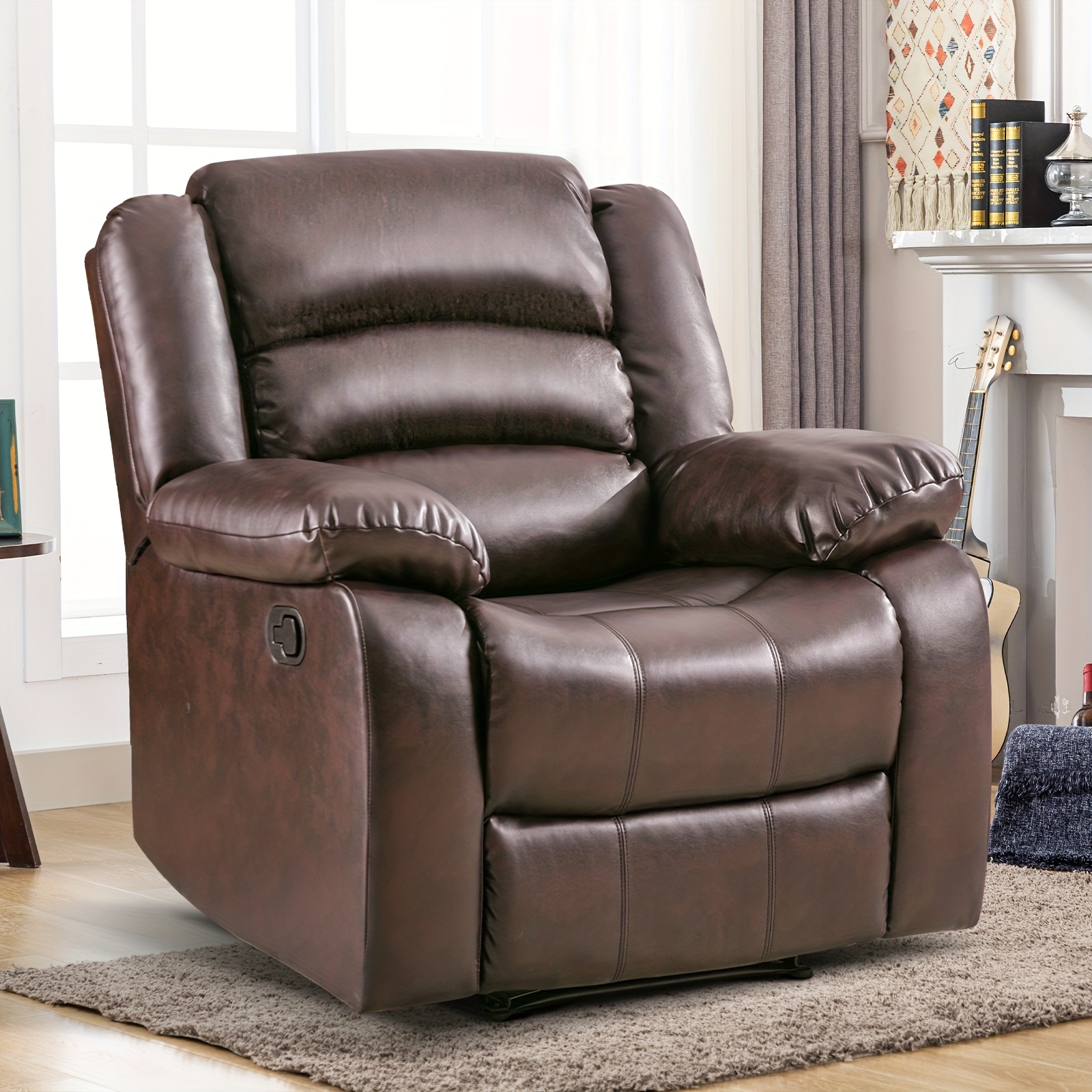 TEMU Classic Reclining Chair Made Of Pu Leather, Featuring A Spacious Manual Recline With Plush And Back, Ideal For Gaming And Leisure Spaces, For