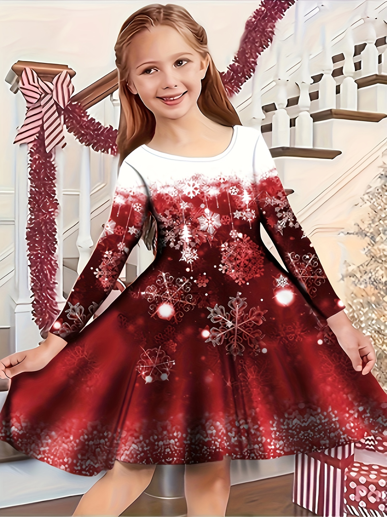 kids' festive snowflake print long sleeve dress casual Temu