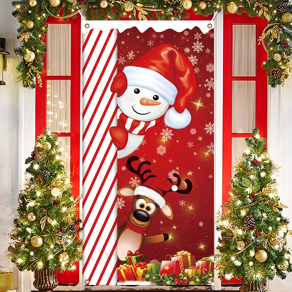

1pc, Merry Christmas Door Cover Decoration, Polyester Christmas Snowman Elk Pattern Winter New Year Holiday Photo Booth Indoor Outdoor Banner Party Decoration Supplies 70x35inch