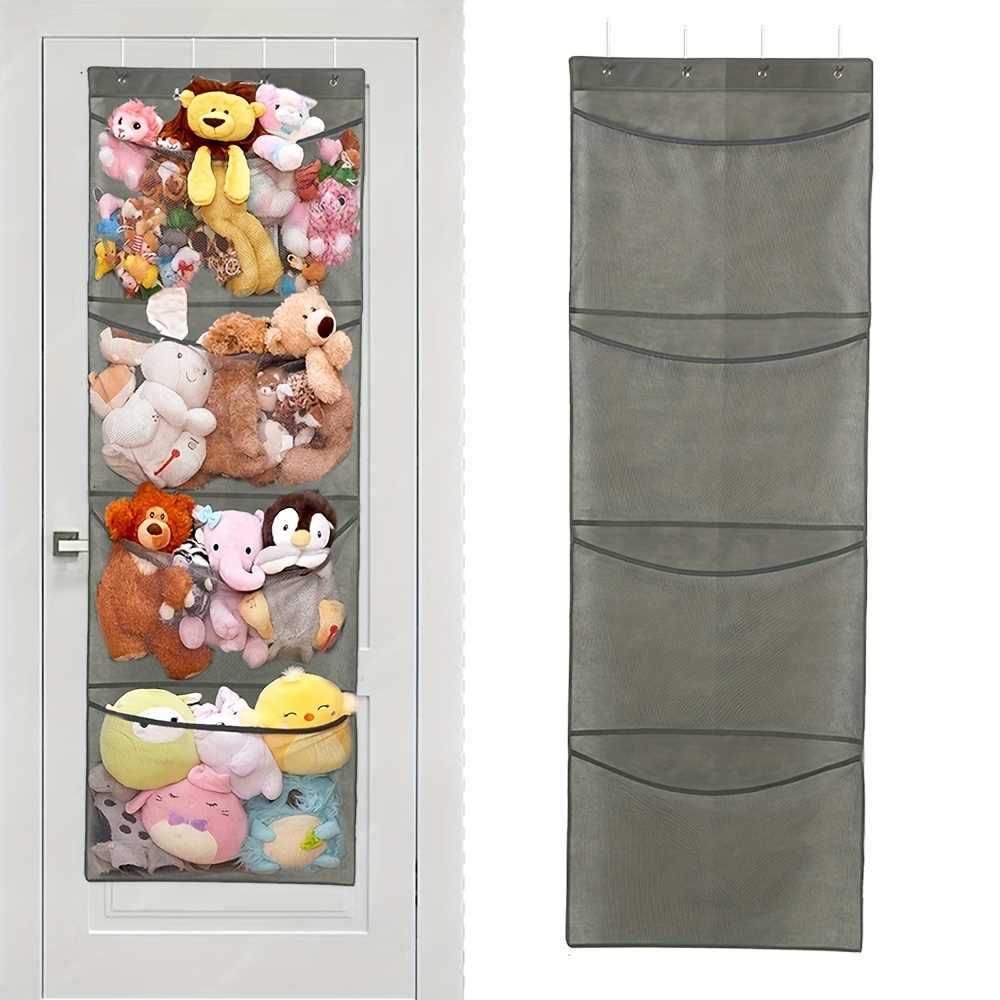 1 pack large mesh over door hanging storage with 4 large pockets hooks foldable door mounted shelf suitable for room playroom closet space saving door shelf for stuffed animals clothes Product details 1