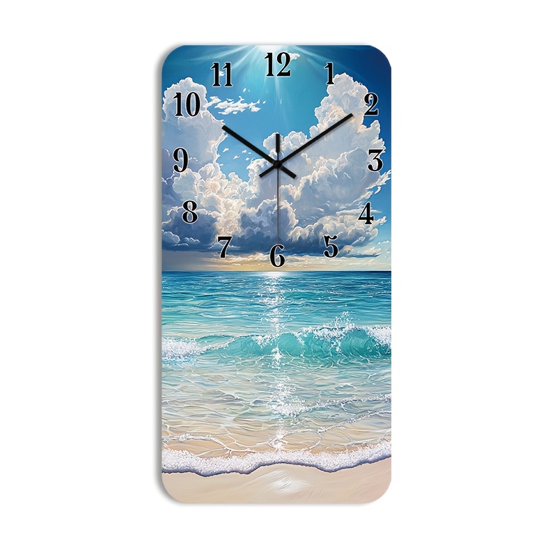 TEMU 1pc Modern Silent Non-ticking Wall Clock - Wooden Square Clock With Hd Glossy Lamination & Waves At Sunset Design, - Face Suitable For Kitchen,