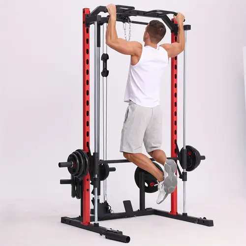 1400lbs heavy duty cage power rack with lat pull down cable system all in gym equipment for squats barbell bar row bar weight storage more attachments aluminum construction red holidays everyday workouts gym accessories