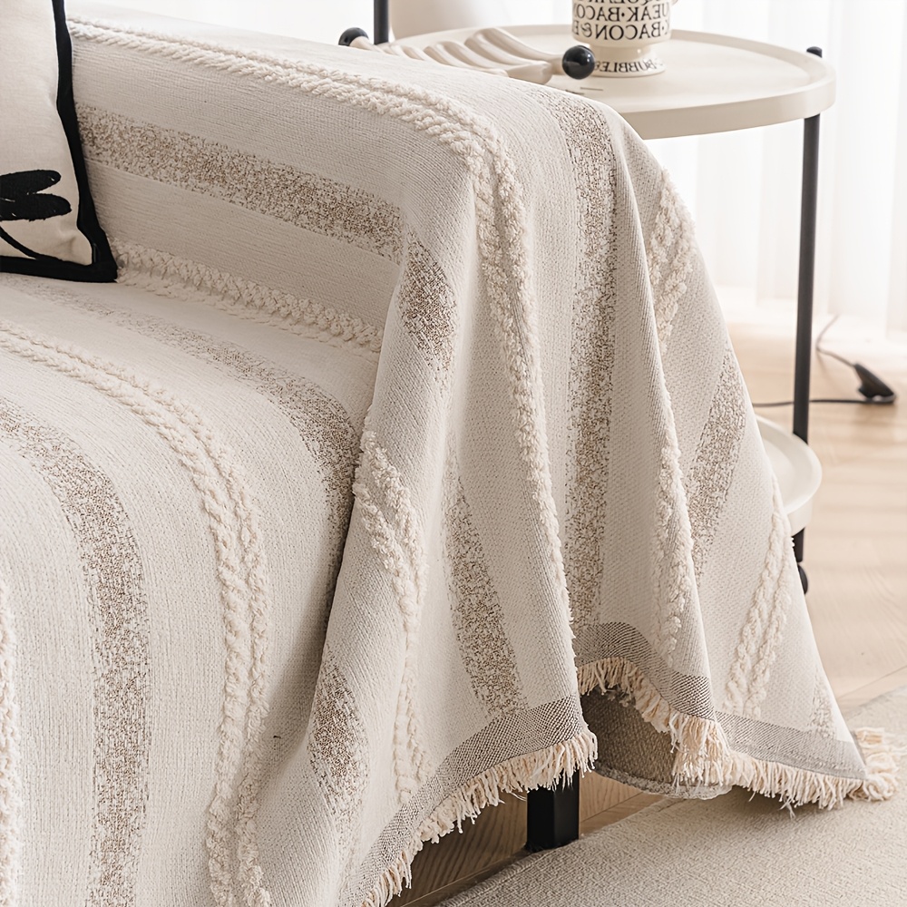 1pc High-GSM Wabi-Sabi Style Twisted Rope Texture Sofa Cover, Textured Full-Coverage Non-Slip Sofa Scarf, Cream-Style Furniture Protector