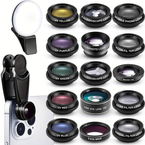 juego de 16 lentes para cámara de teléfono, con 16 lentes diferentes que incluyen luz para selfies, diseño universal con clip, lente de 198 , , macro, y lentes cpl, compatible con la mayoría de los dispositivos móviles