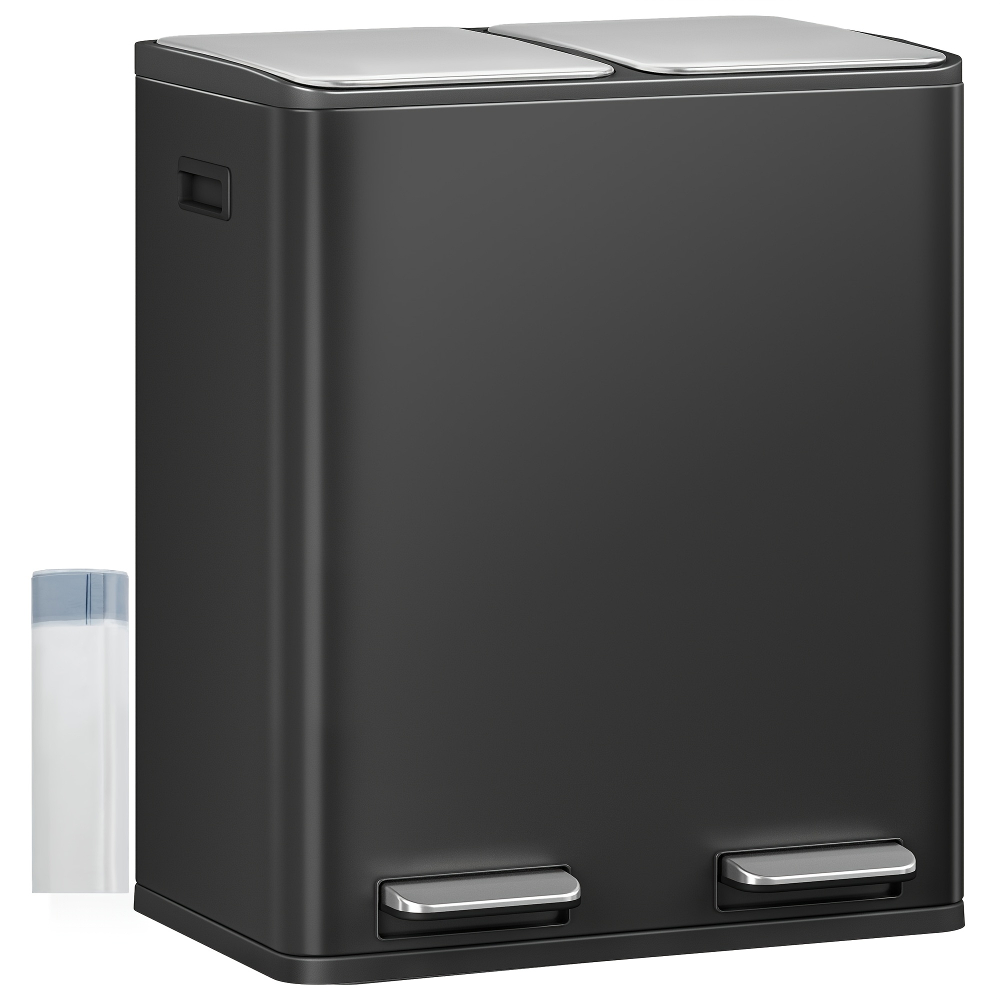 Image of Stainless Steel Kitchen Trash Can With A Dual Compartment System, Featuring A Total Capacity Of 60 (2 X 30 ), Designed For Waste . It Includes A Pedal Mechanism For Quiet And Gradual Closing