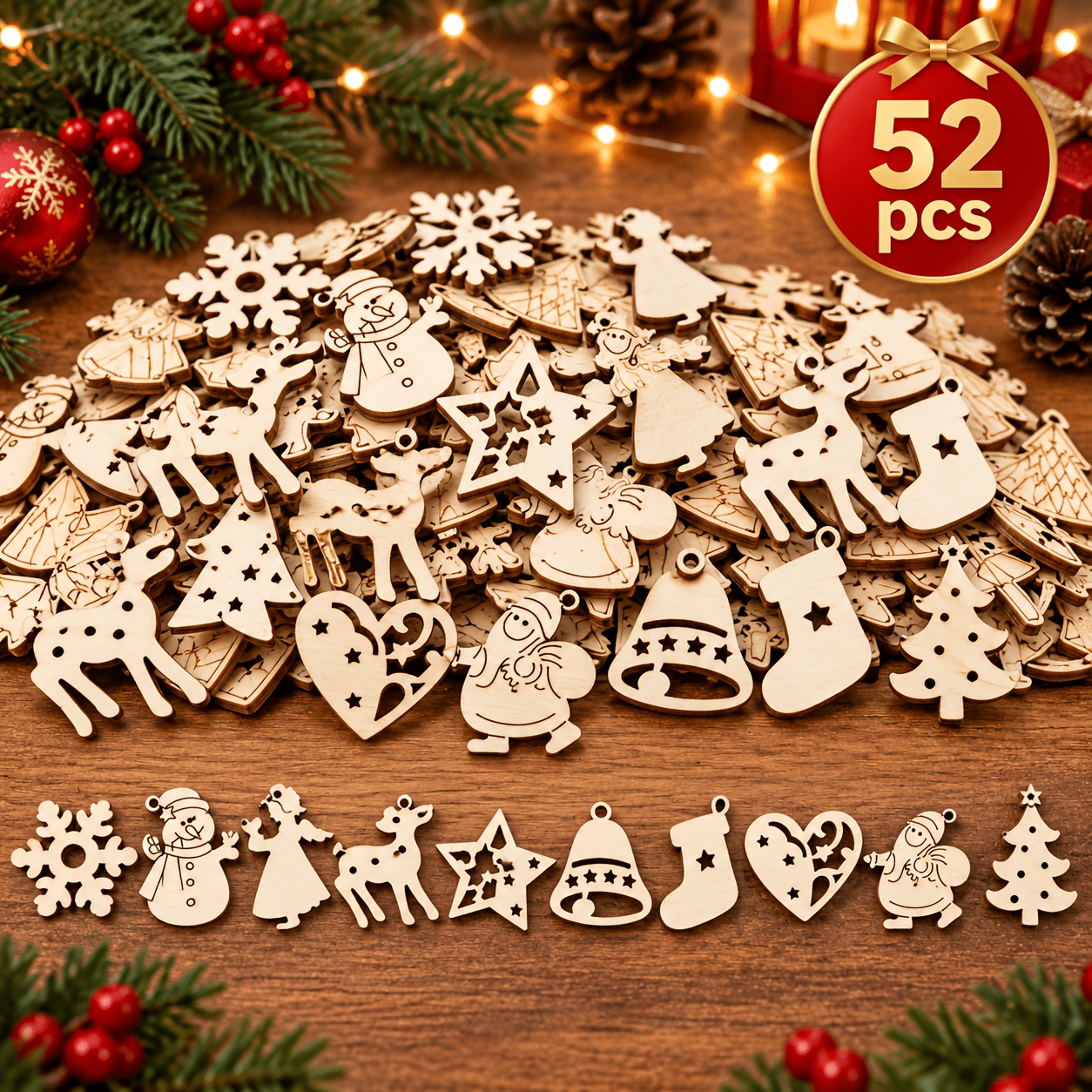 TEMU 52 piezas de mini campanas de árbol de Navidad de madera , calcetines de Santa Claus y renos, adornos de , y , muy adecuados para colgar las