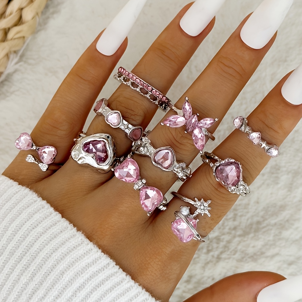 E-shop 10-teiliges Set, stilvolle rosa Strass-Schleifen- herzförmige elegante exquisite Fingerringe, geeignet für Damen-Abschlussbälle -, ein